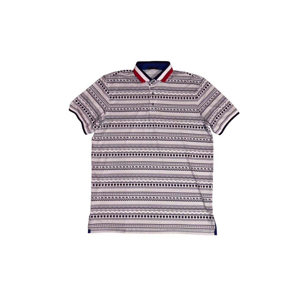 GREYSON Polo Shirt Mens L White Blue Wolf Fair Isle Performance Golf Top
